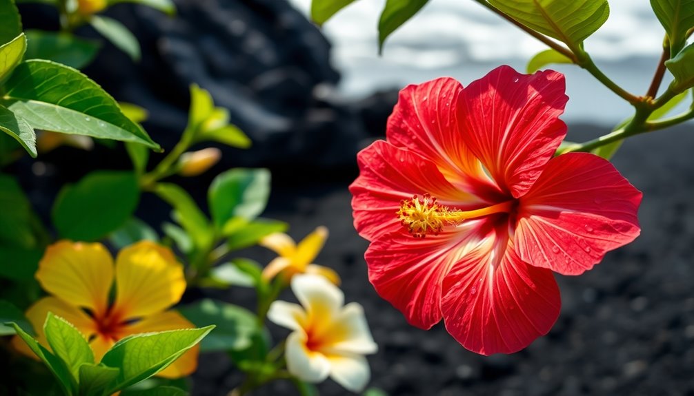 tropical flowers and ocean