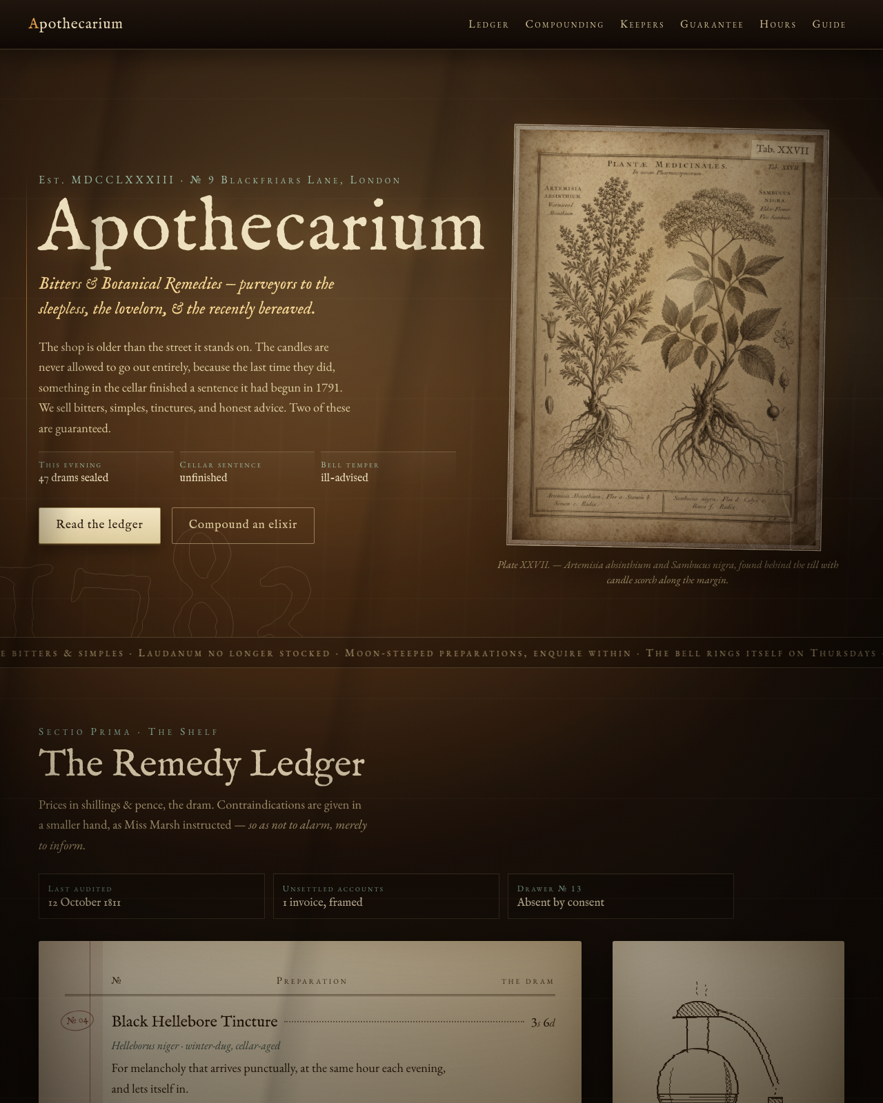 Live view of Apothecarium — Bitters & Botanical Remedies, est. 1783