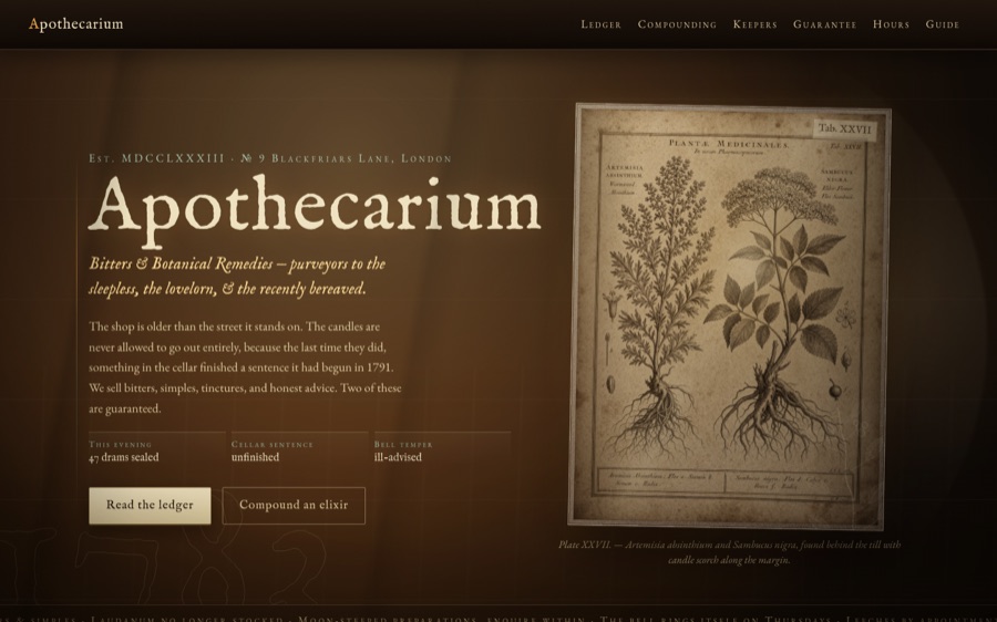 Apothecarium — Bitters & Botanical Remedies, est. 1783 — Local Asset Generation